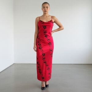 Vintage 90s Breakin Loose Red Floral Slip Dress Black Maxi Y2K Punk Witch Sz S
